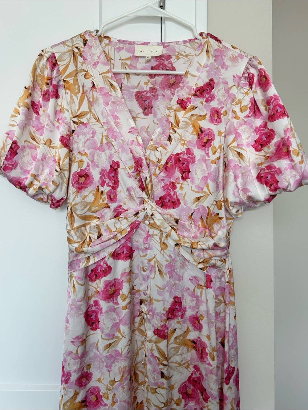 MELLODAY Silk Floral Puff Sleeve Maxi Dress